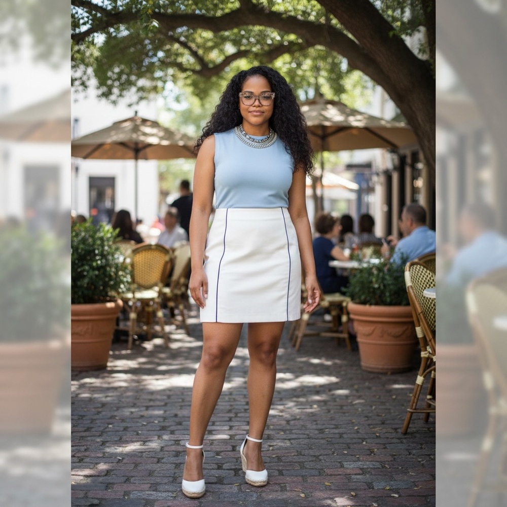 Helen Wang: Pencil Skirt -White w/Blue Piping
